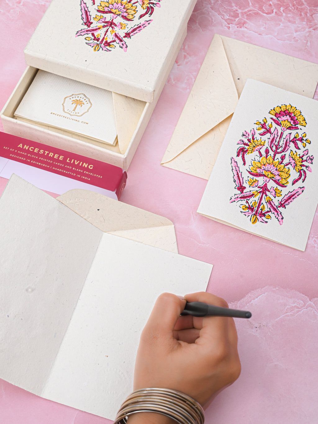 Mughal Flower Block Printed Handmade Box and Set of 5 Notecards with envelopes