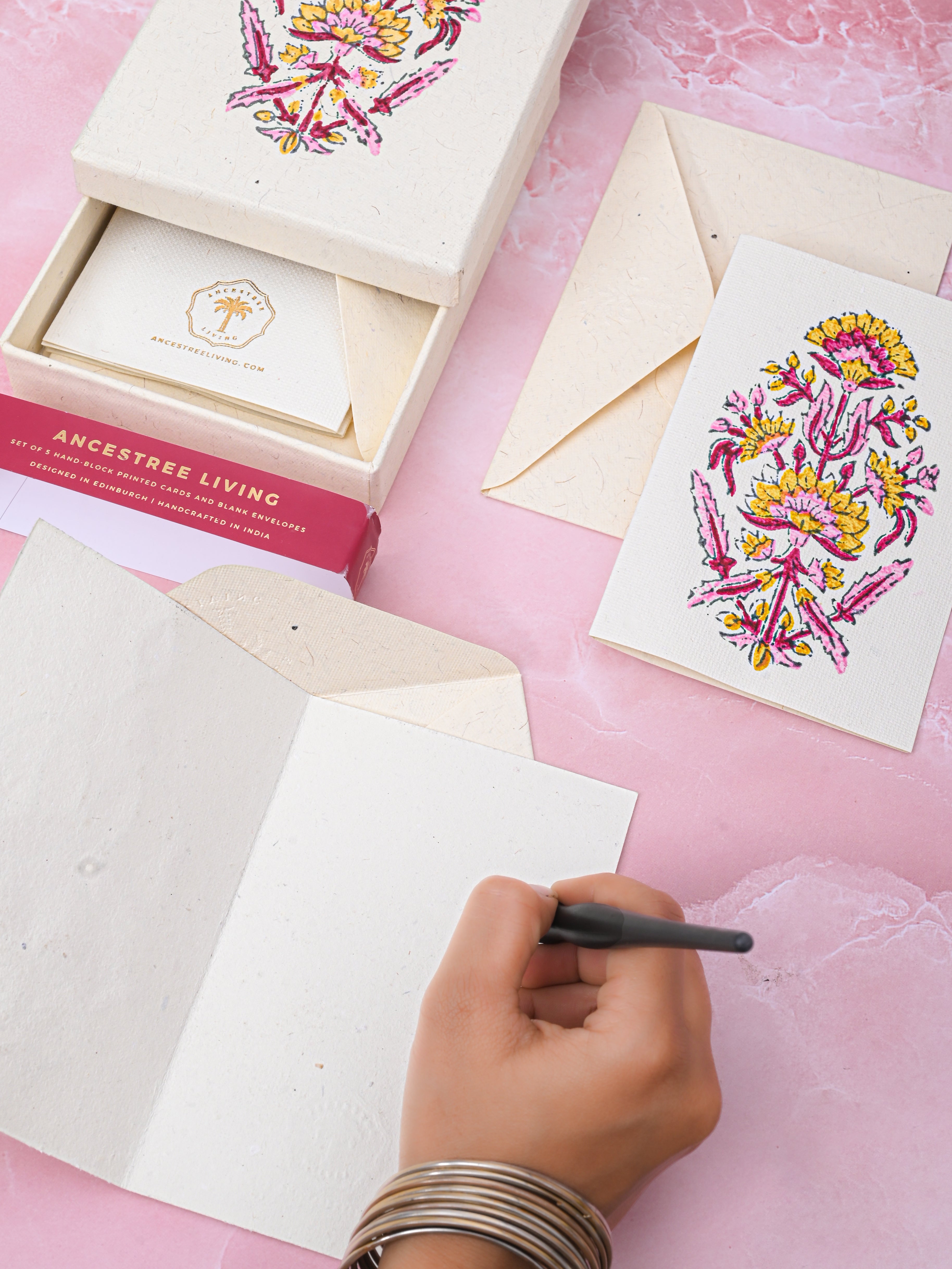 Mughal Flower Block Printed Handmade Box and Set of 5 Notecards with envelopes