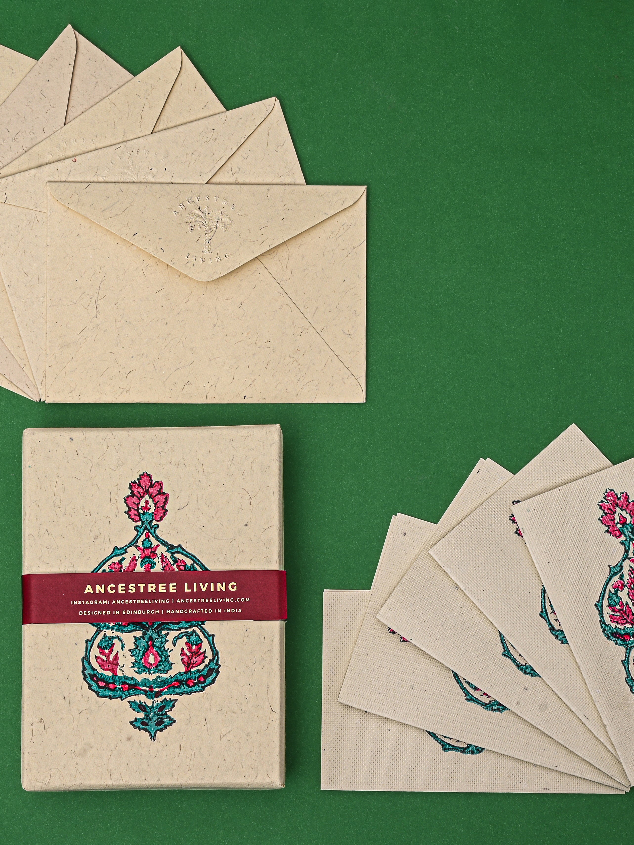 Floral Medallion Block Printed Handmade Box and Set of 5 Notecards with envelopes