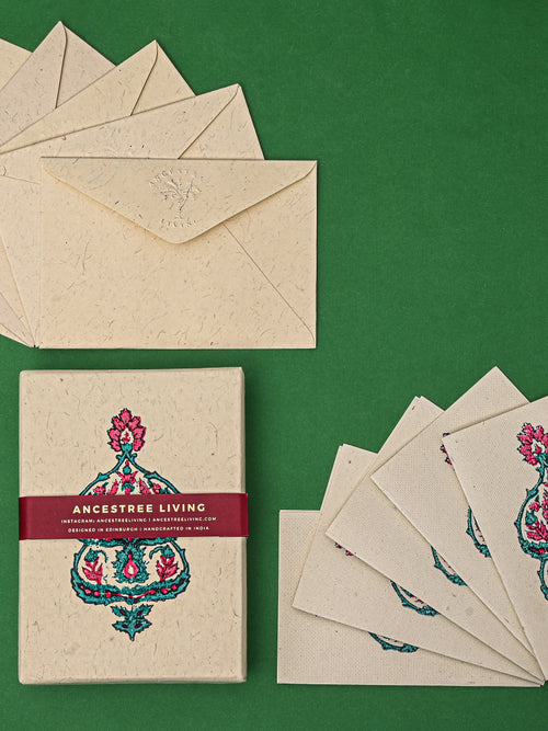 Floral Medallion Block Printed Handmade Box and Set of 5 Notecards with envelopes