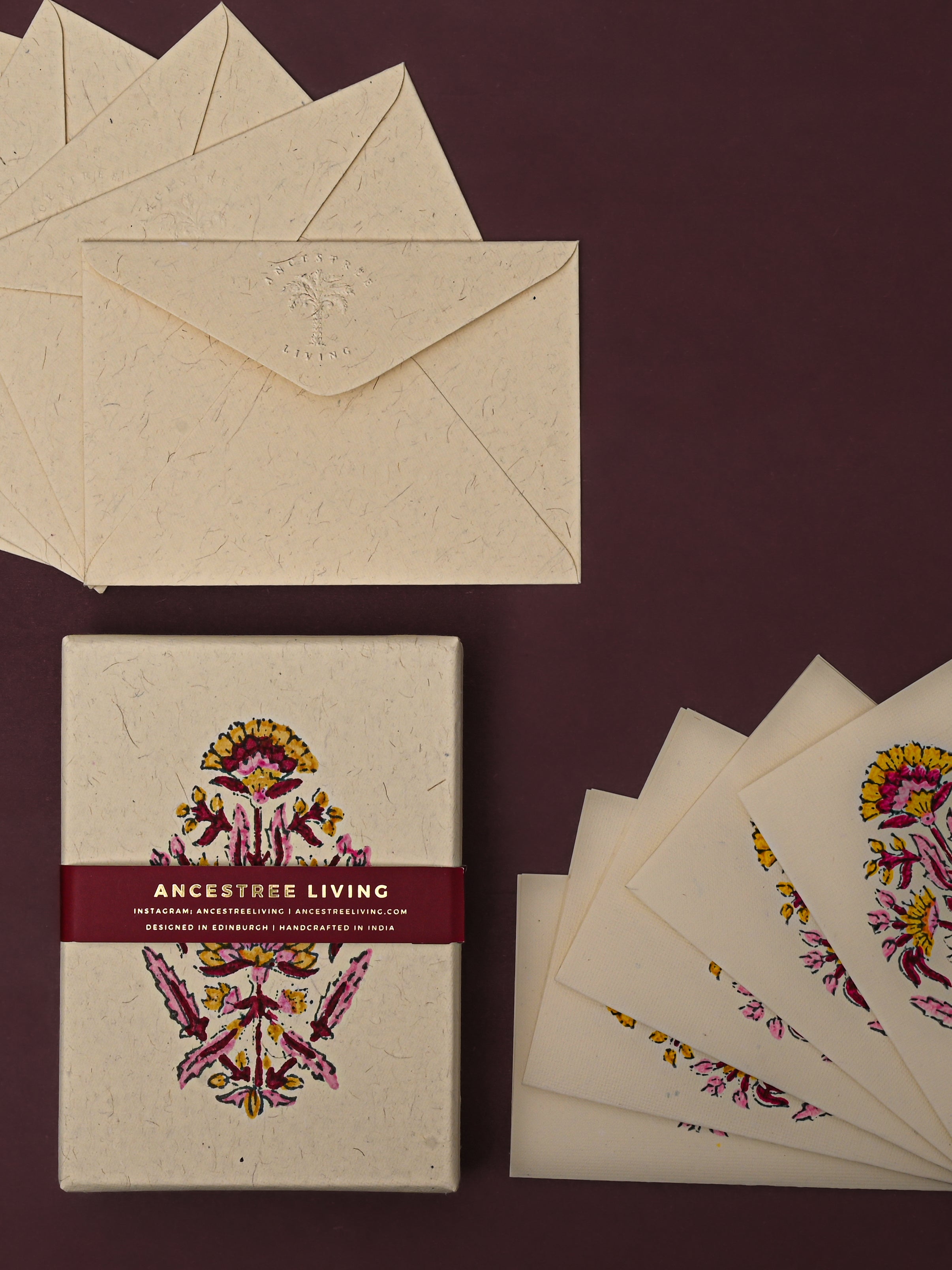 Mughal Flower Block Printed Handmade Box and Set of 5 Notecards with envelopes