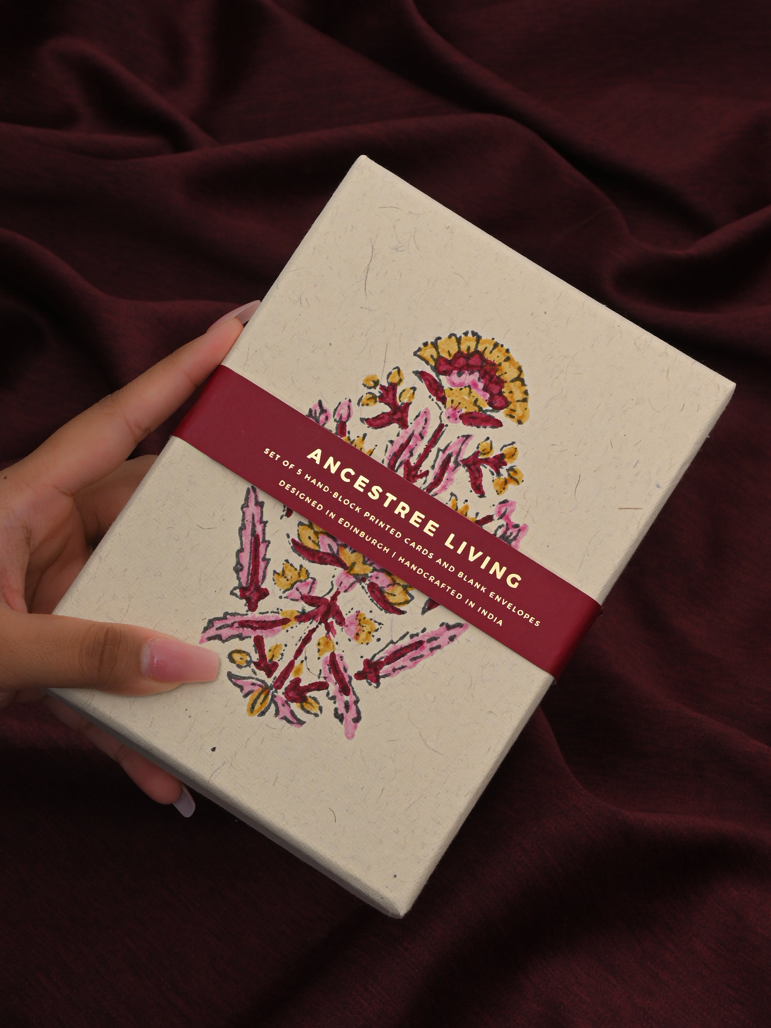 Mughal Flower Block Printed Handmade Box and Set of 5 Notecards with envelopes