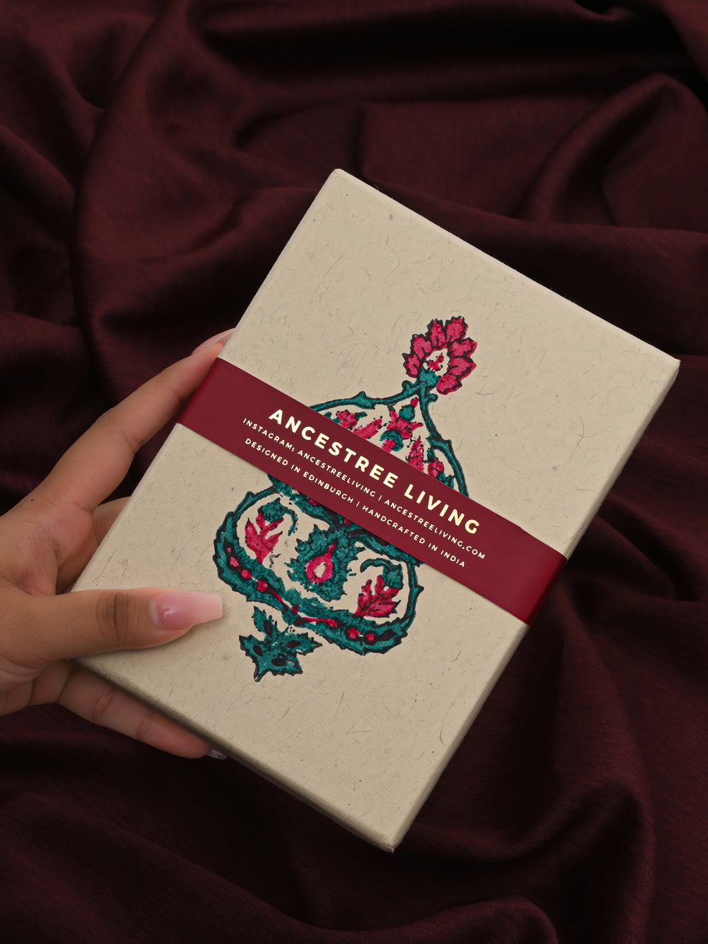 Floral Medallion Block Printed Handmade Box and Set of 5 Notecards with envelopes