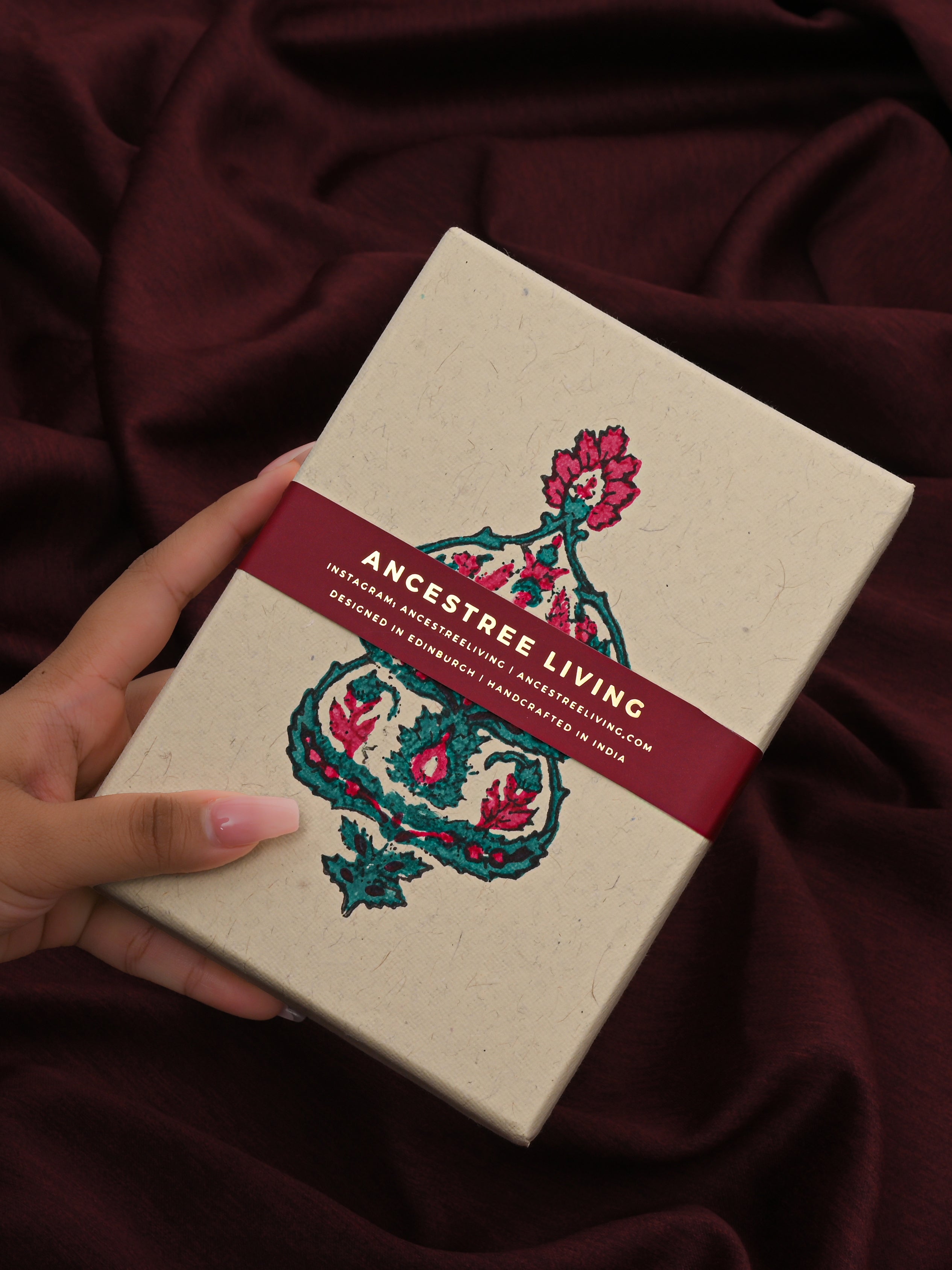 Floral Medallion Block Printed Handmade Box and Set of 5 Notecards with envelopes