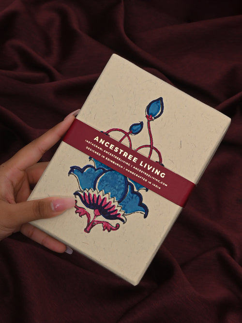 Blue Lotus Block Printed Handmade Box and Set of 5 Notecards with envelopes