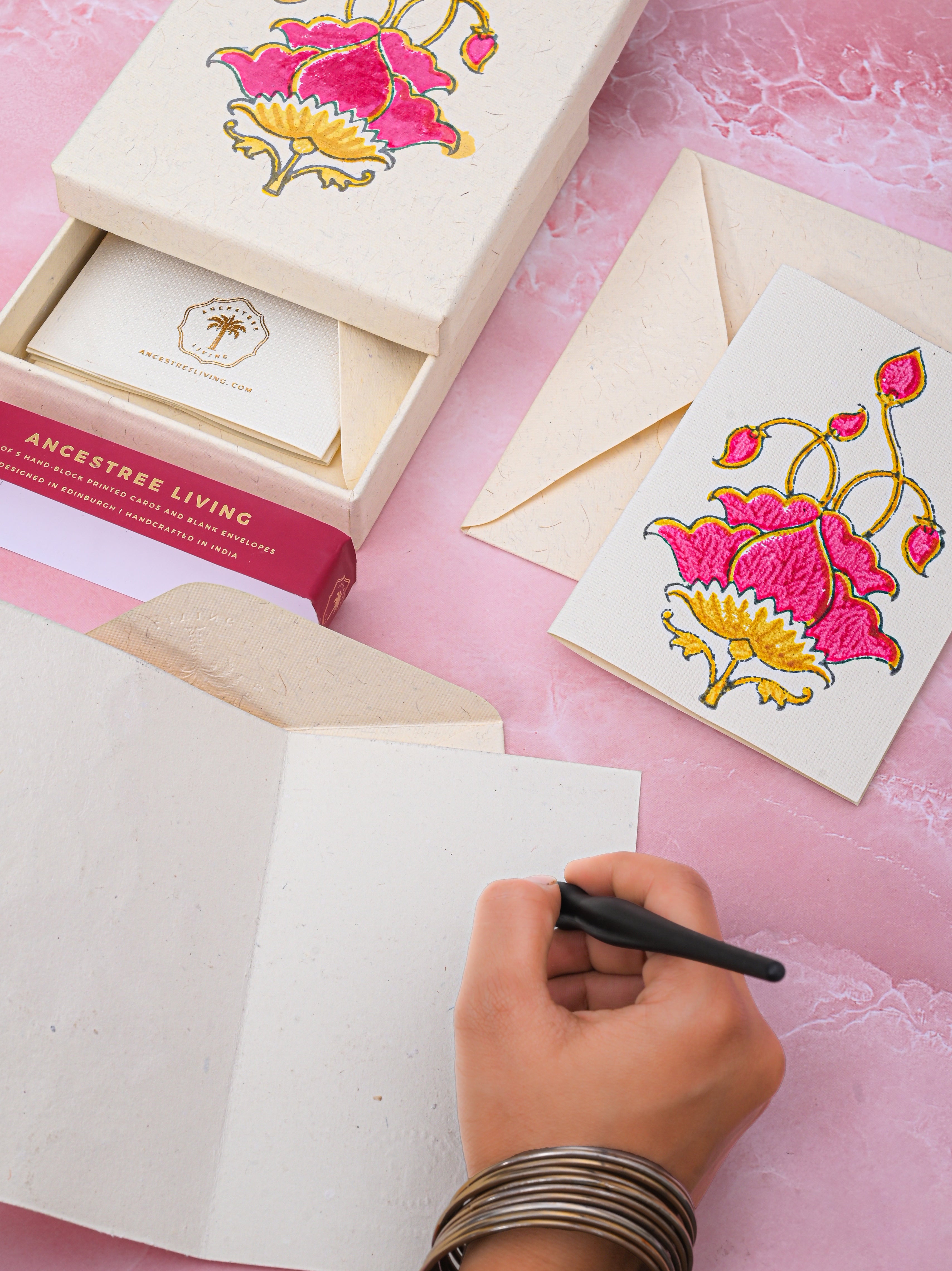 Pink Lotus Block Printed Handmade Box and Set of 5 Notecards with envelopes