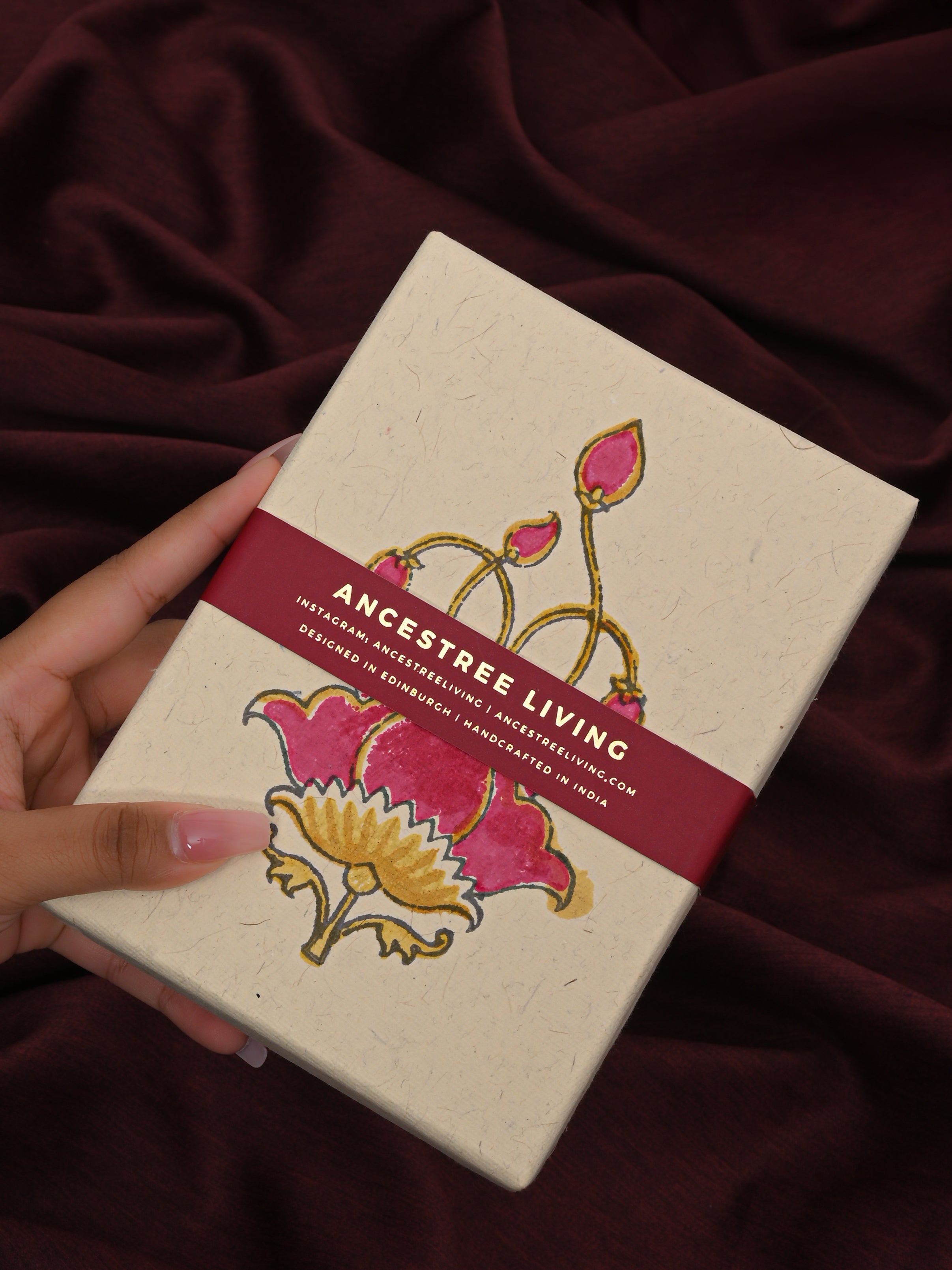 Pink Lotus Block Printed Handmade Box and Set of 5 Notecards with envelopes