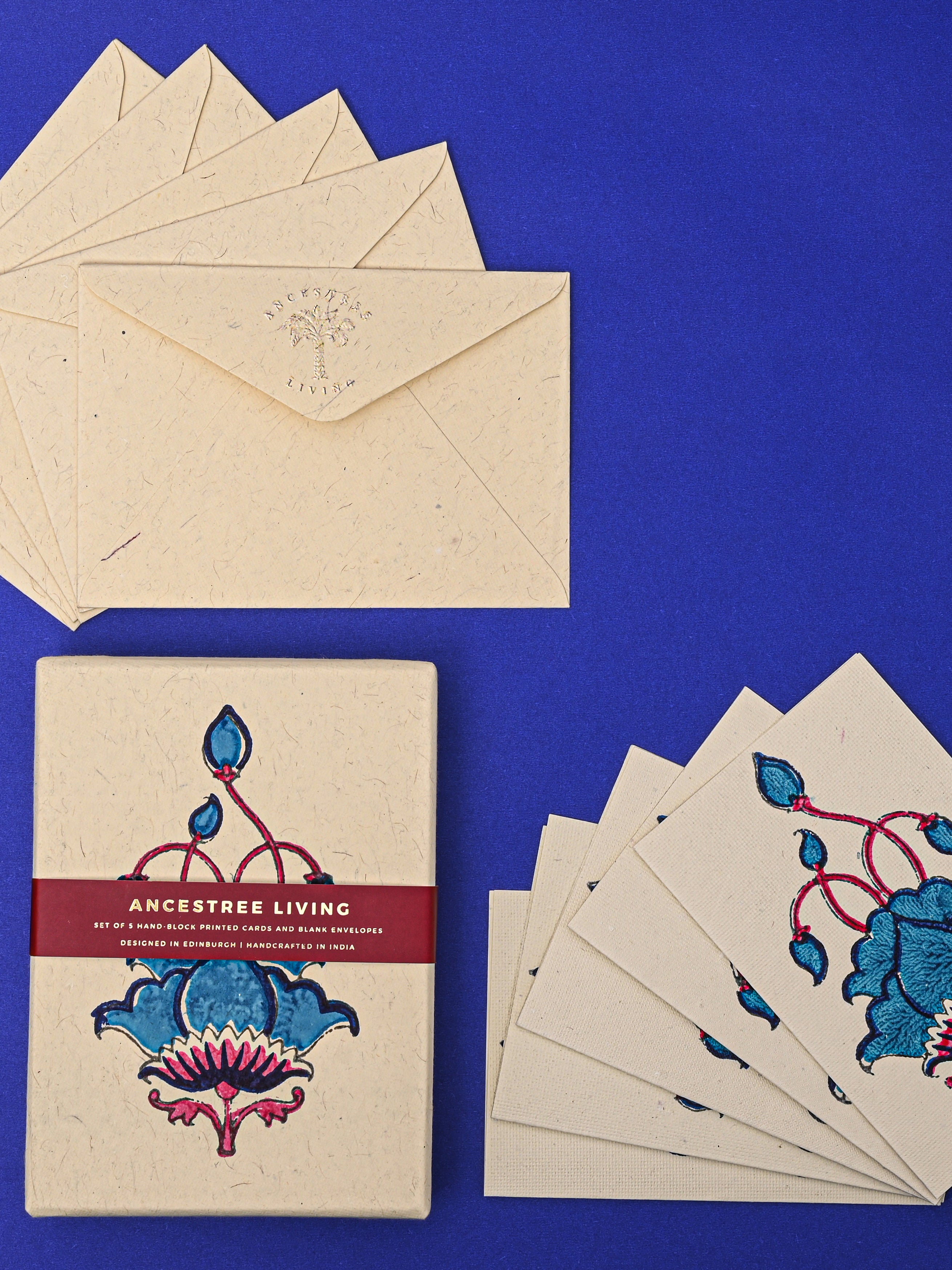 Blue Lotus Block Printed Handmade Box and Set of 5 Notecards with envelopes