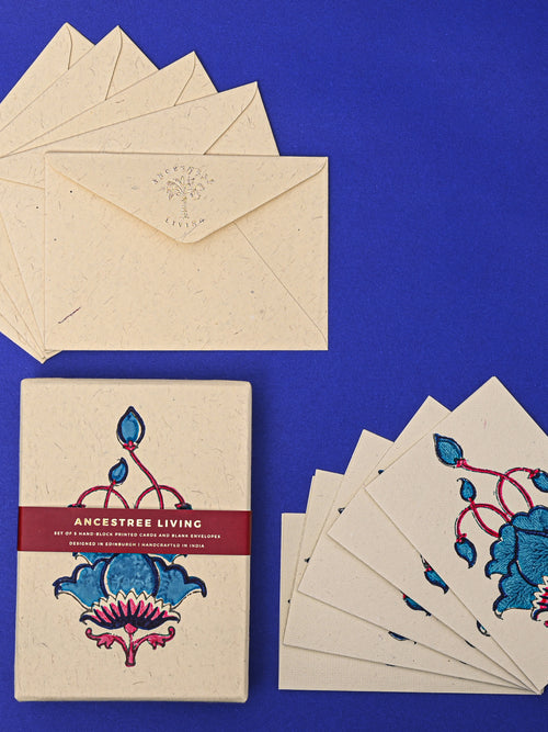 Blue Lotus Block Printed Handmade Box and Set of 5 Notecards with envelopes