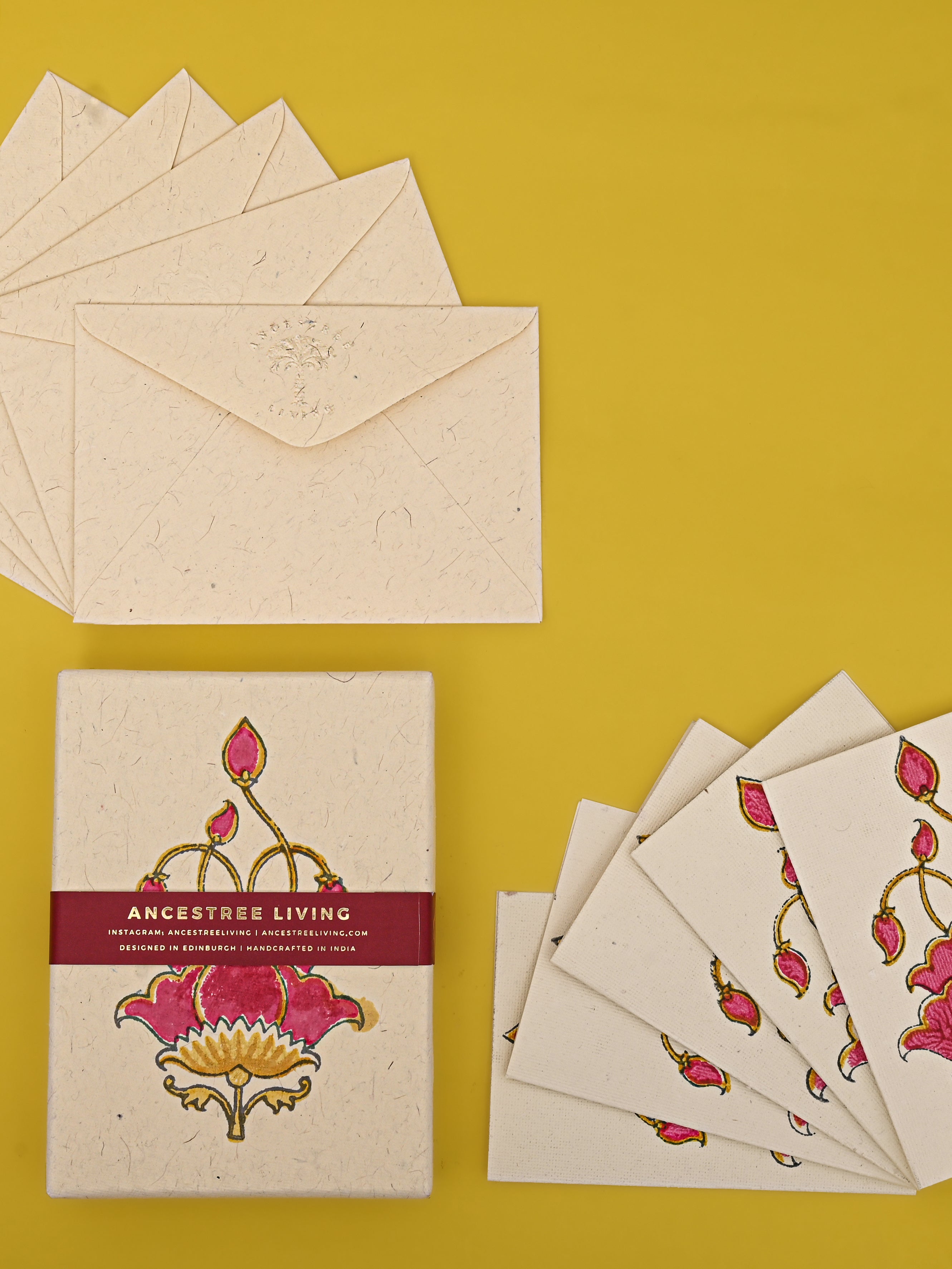 Pink Lotus Block Printed Handmade Box and Set of 5 Notecards with envelopes
