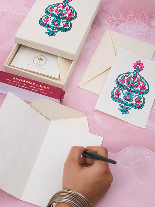 Floral Medallion Block Printed Handmade Box and Set of 5 Notecards with envelopes