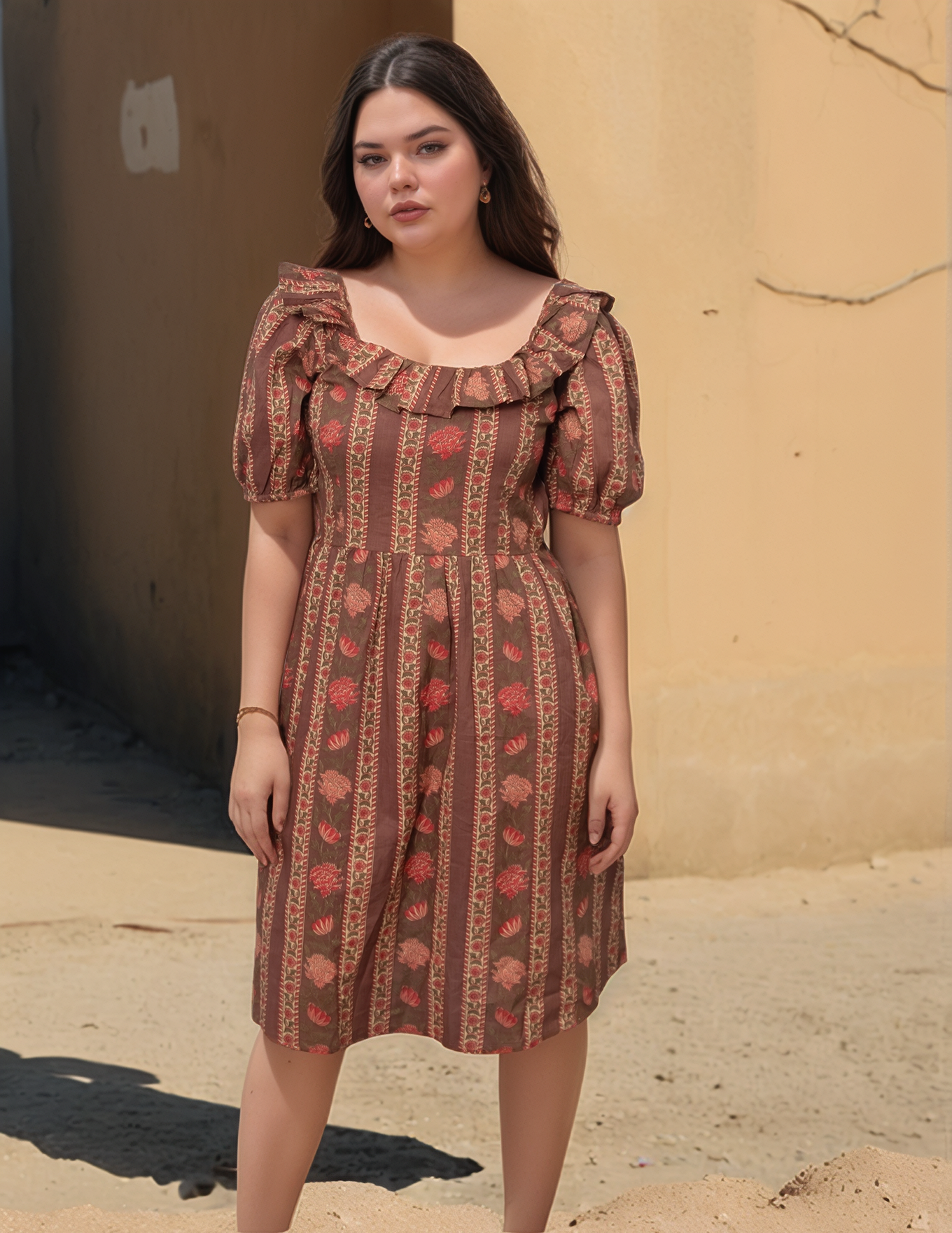 Rustic Floral Ruffle Cotton Dress