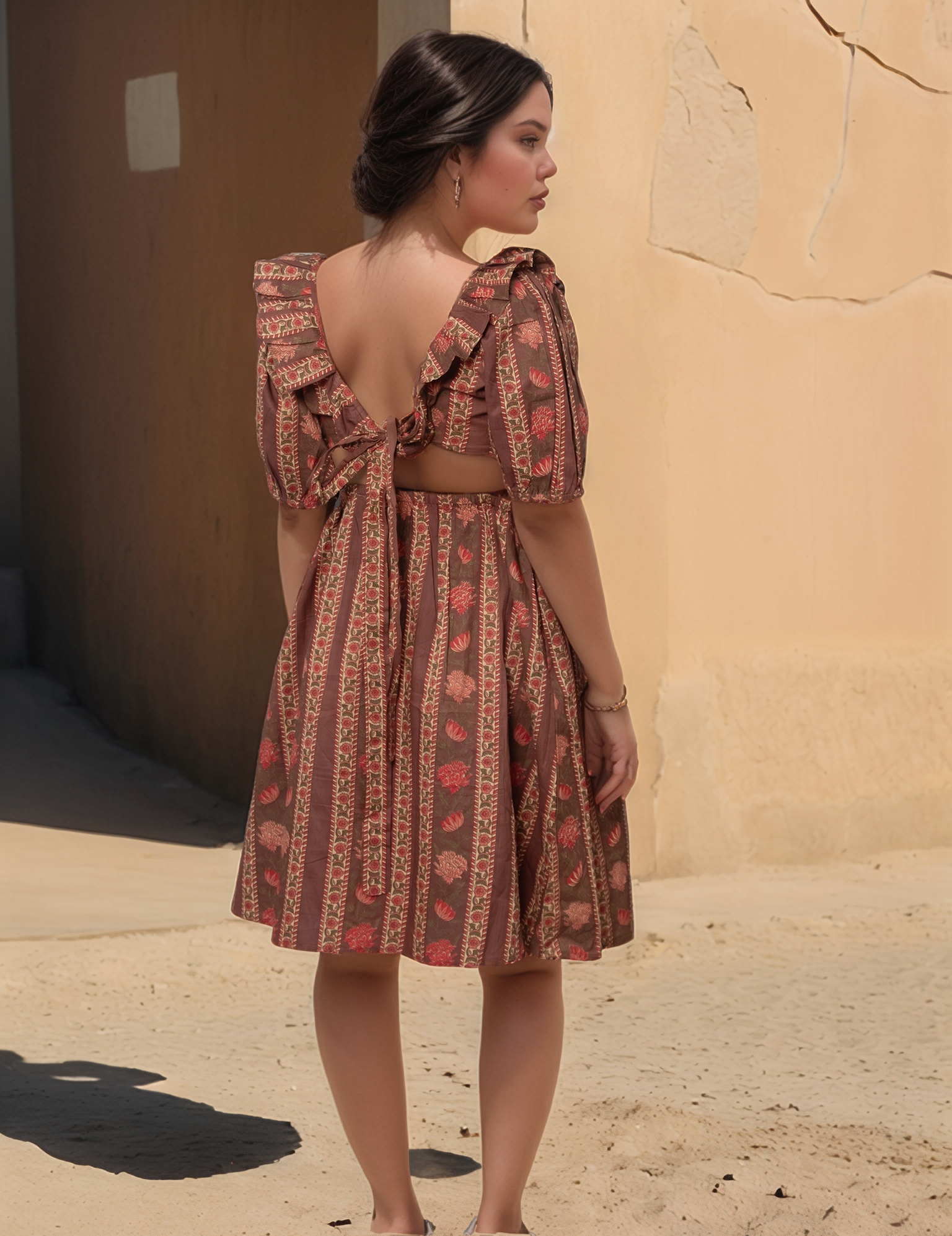 Rustic Floral Ruffle Cotton Dress