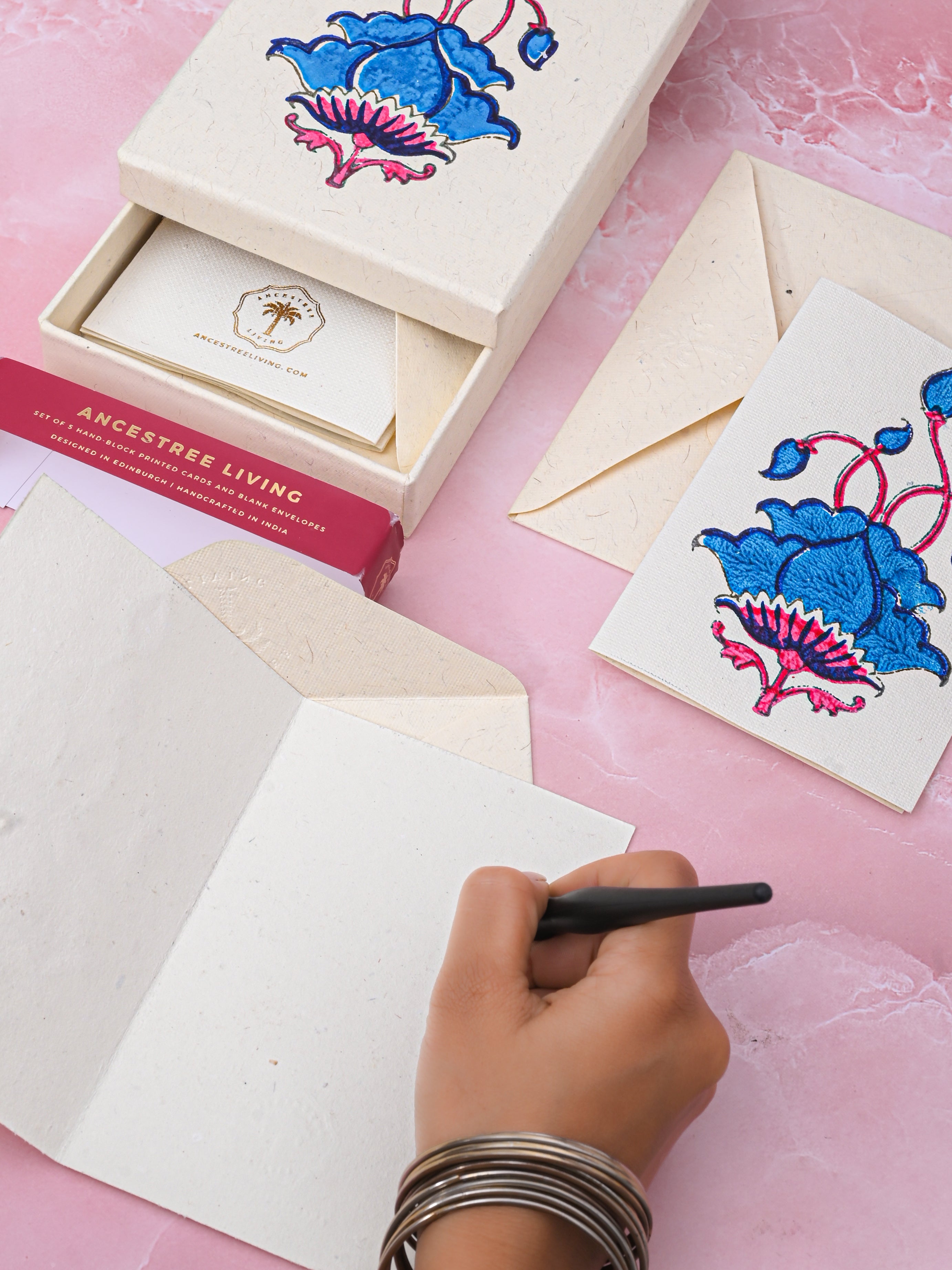 Blue Lotus Block Printed Handmade Box and Set of 5 Notecards with envelopes