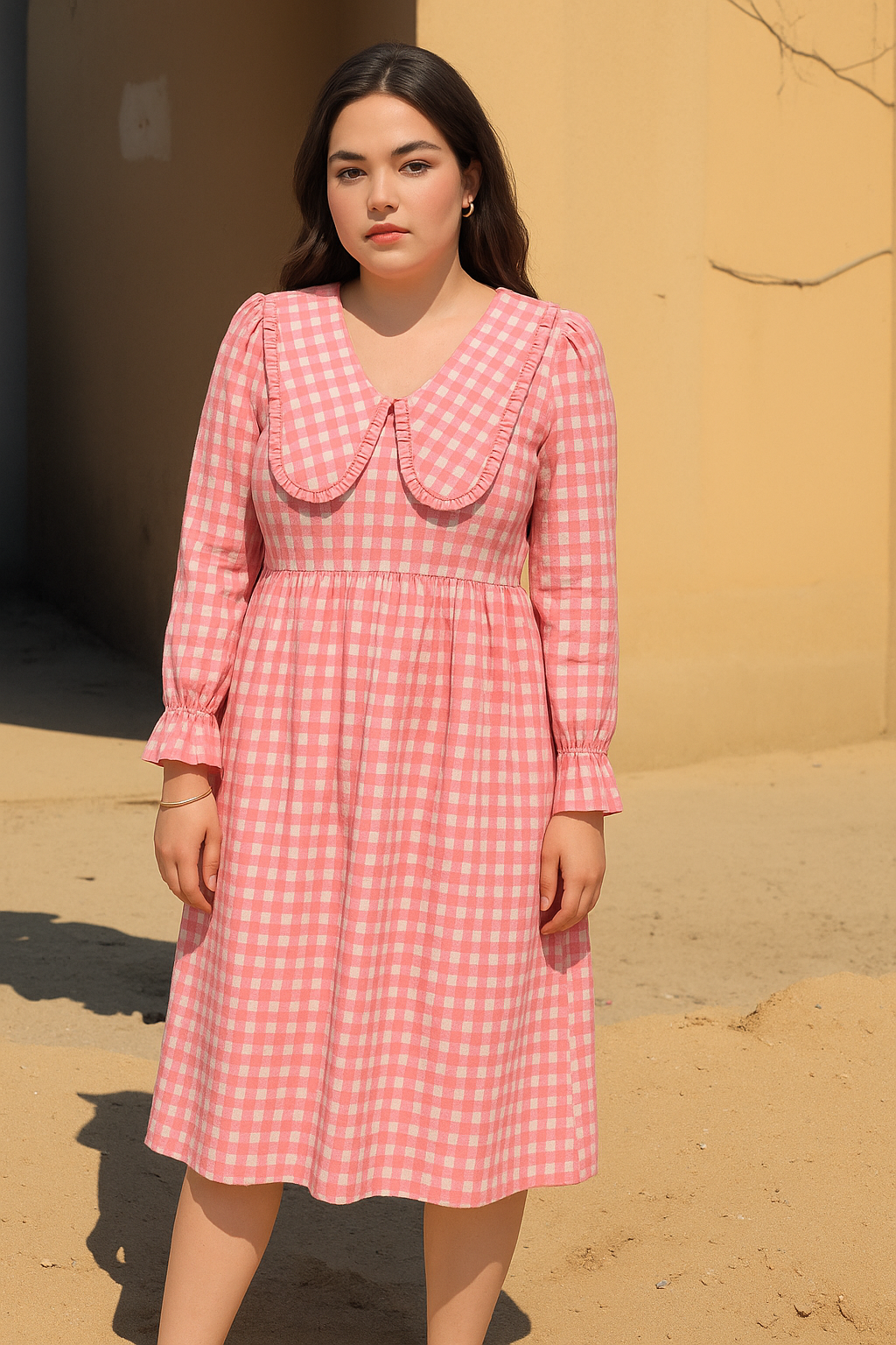 Pink Gingham Ruffle Collar Dress