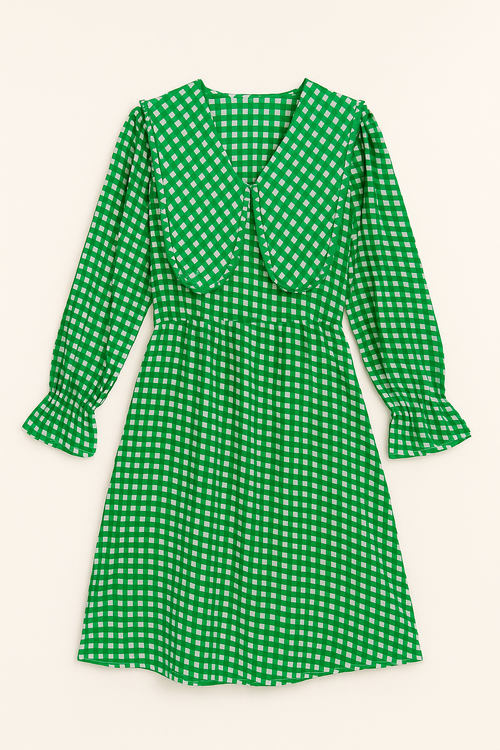 Green Gingham Ruffle Collar Dress